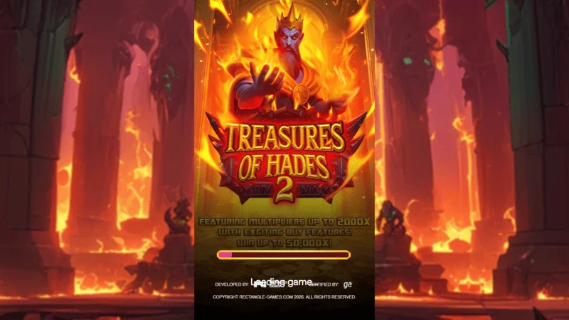 Treasures of Hades 2 – a Rectangle Games nyerőgépe betöltőképernyője mitológiai alvilági környezetben